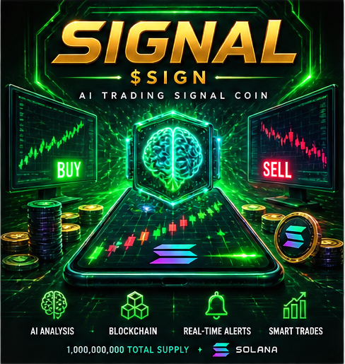 SIGNAL AI trading poster with BUY and SELL screens